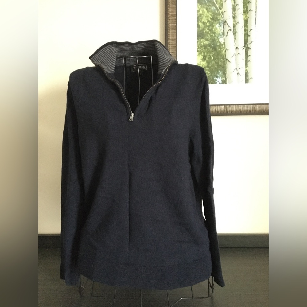 Express Zipped Turtleneck Sweater Navy Blue 100% Merino Wool